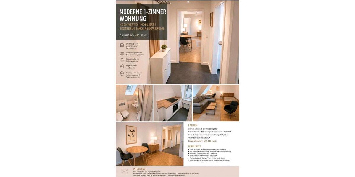 Dachgeschoßwohnung Osnabrück Fledder - 1 Zimmer, 37 m&sup2;, 653&euro; | Angebot:26495664