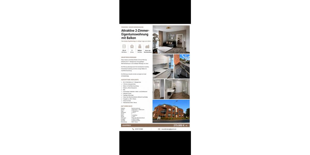 Etagenwohnung Damme - 2 Zimmer, 82 m&sup2;, 275.000&euro; | Angebot:26941781