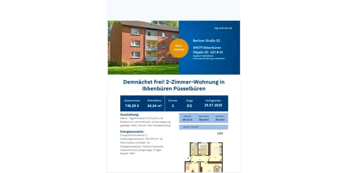 Etagenwohnung Ibbenbüren - 2 Zimmer, 64 m&sup2;, 746&euro; | Angebot:26664060