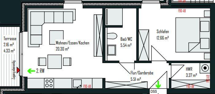 Erdgeschoßwohnung Osnabrück Gretesch - 2 Zimmer, 50 m&sup2;, 825&euro; | Angebot:25416226