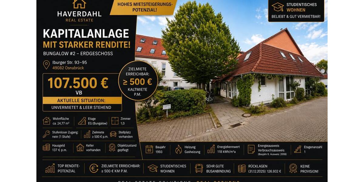 Erdgeschoßwohnung Osnabrück Nahne - 1.5 Zimmer, 25 m&sup2;, 107.500&euro; | Angebot:26536122
