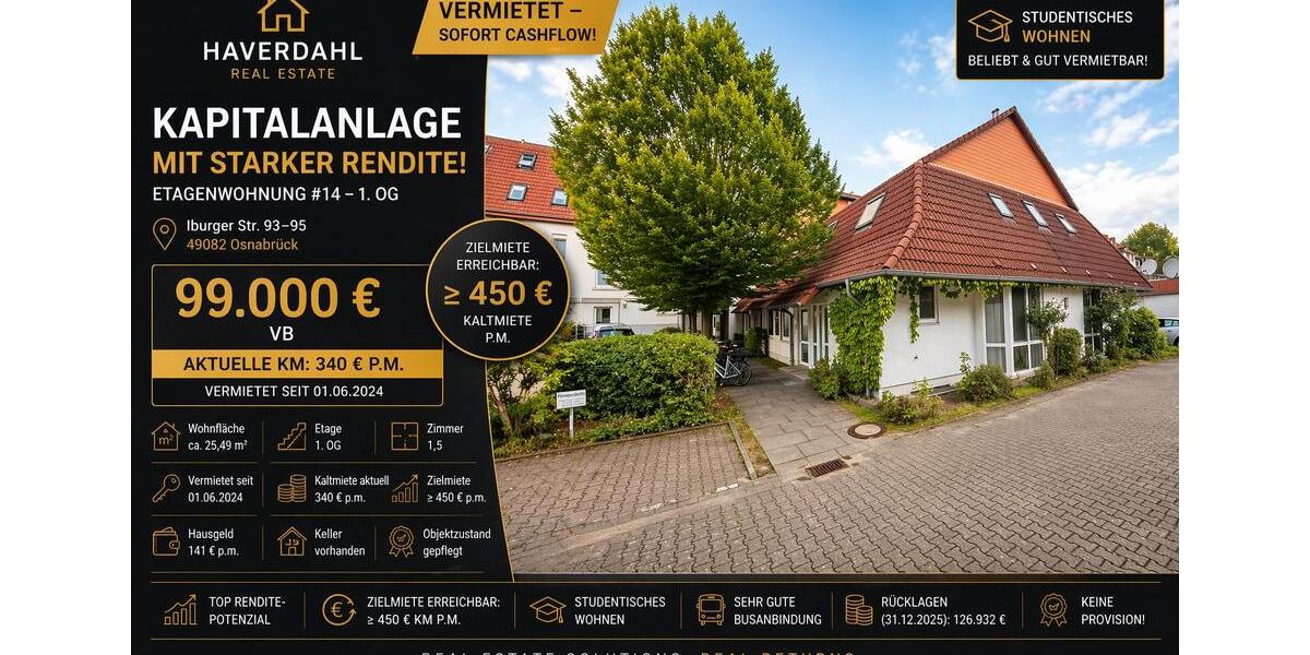 Etagenwohnung Osnabrück Nahne - 1.5 Zimmer, 25 m&sup2;, 99.000&euro; | Angebot:26272855